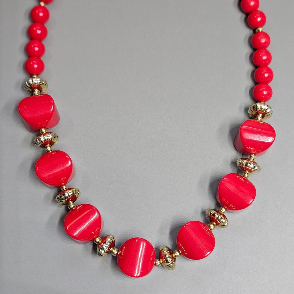Red & Gold Beaded Necklace Chunky Statement Costume Jewelry 18" MCM Vintage